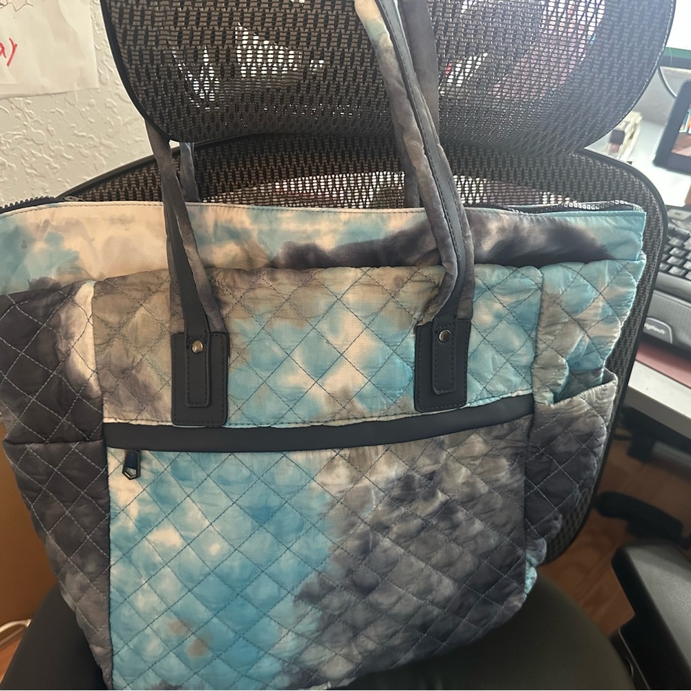 Sol and Solene No Filter Tote in blue/white/gray tie dye tote.